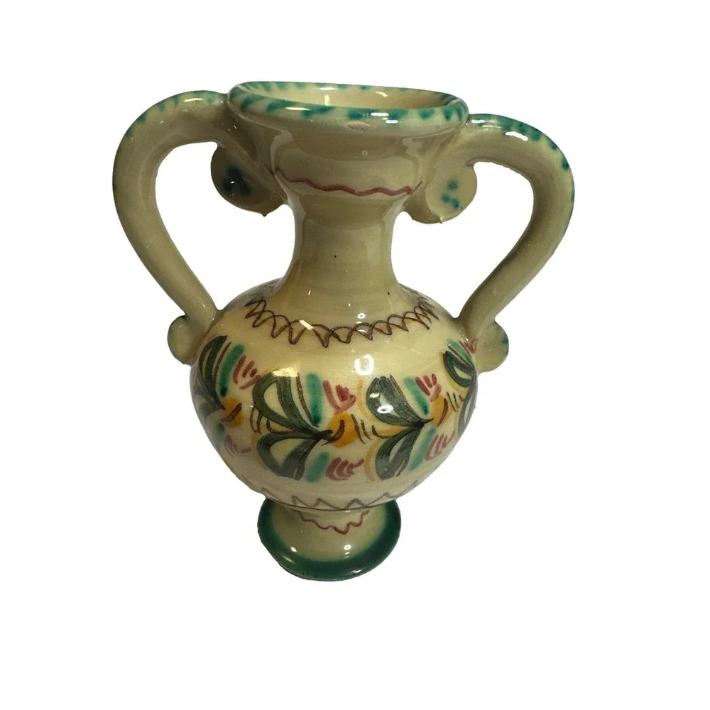 VINTAGE DRIP GLAZED VASE COLLECTIBLE POTTERY 6 INCHES DOUBLE HANDLE M. PUENTE